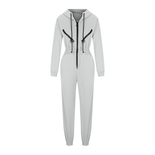 Damen taillierter Kapuzen-Jumpsuit mit elastischem Bund und markanten Kontrast-Reißverschlüssen EB