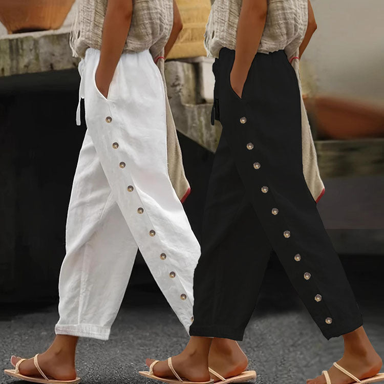 Damen Modische Palazzo-Hose mit Knopfdetails und elastischem Bund EB