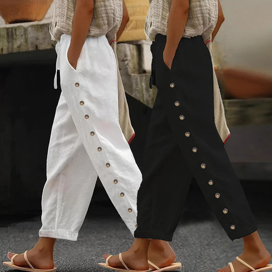 Damen Modische Palazzo-Hose mit Knopfdetails und elastischem Bund EB