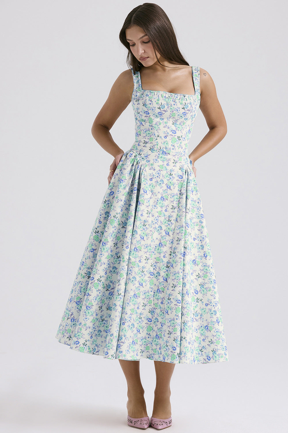 Damen Midi-Kleid mit floralem Muster und angeschnittenem Rock EB