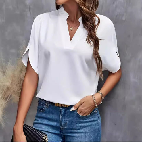 Damen elegante Bluse mit halben Ärmeln und modernem Stehkragen EB