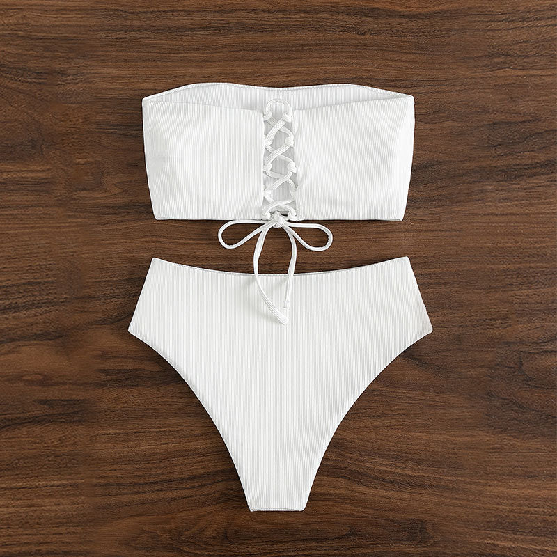 Damen Bandeau-Bikini mit hohem Bund und feinen Streifen EB