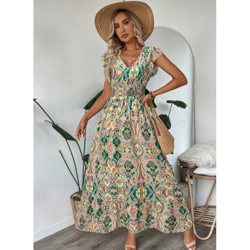 Damen Maxikleid mit raffinierten Volantärmeln und aufwendig floralem Muster EB