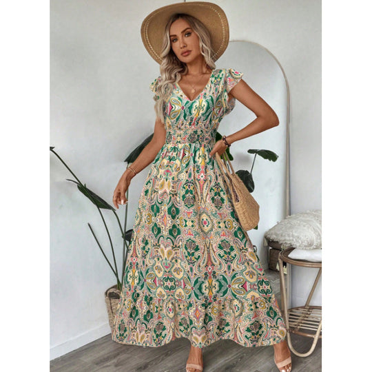 Damen Maxikleid mit raffinierten Volantärmeln und aufwendig floralem Muster EB