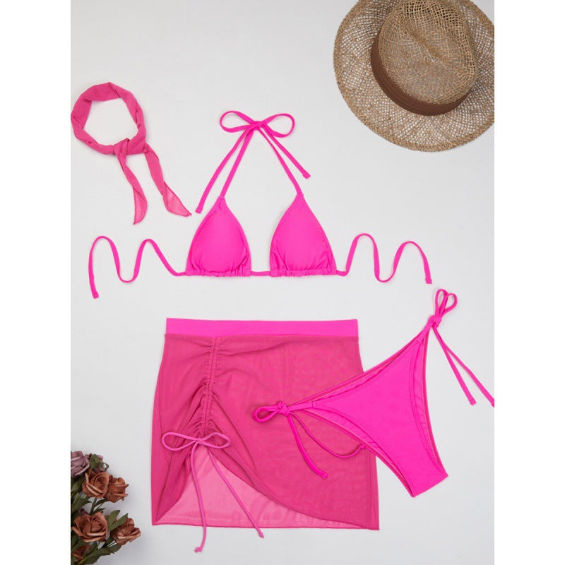Damen Triangelbikini-Set mit transparentem Überrock und modischem Stirnband EB
