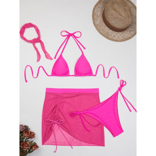 Damen Triangelbikini-Set mit transparentem Überrock und modischem Stirnband EB