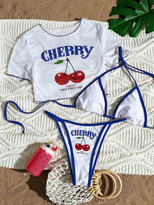 Damen Bikini-Set mit trendigem Kirschmotiv und lässigem Crop-Top EB