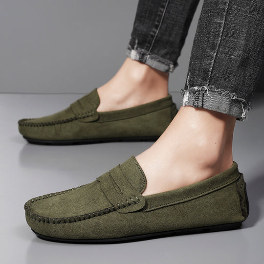 Herren elegante Veloursleder-Mokassin Fahrerhalbschuhe mit handgenähter Vordernaht und flexibler Gummiprofilsohle EB