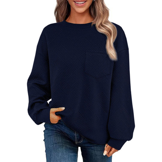 Damen lässiger Pullover mit strukturiertem Muster und praktischer Brusttasche EB