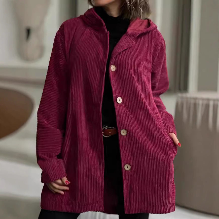 Damen Fleece-Hoodie-Mantel mit Knopfleiste und geripptem Design EB
