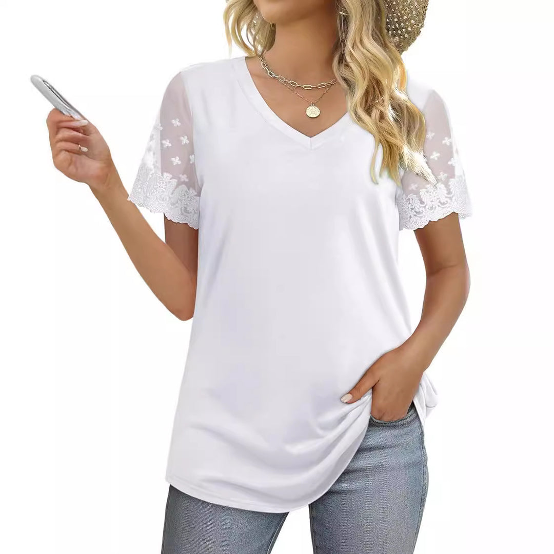 Damen Bluse mit eleganten Spitzenärmeln und V-Ausschnitt EB