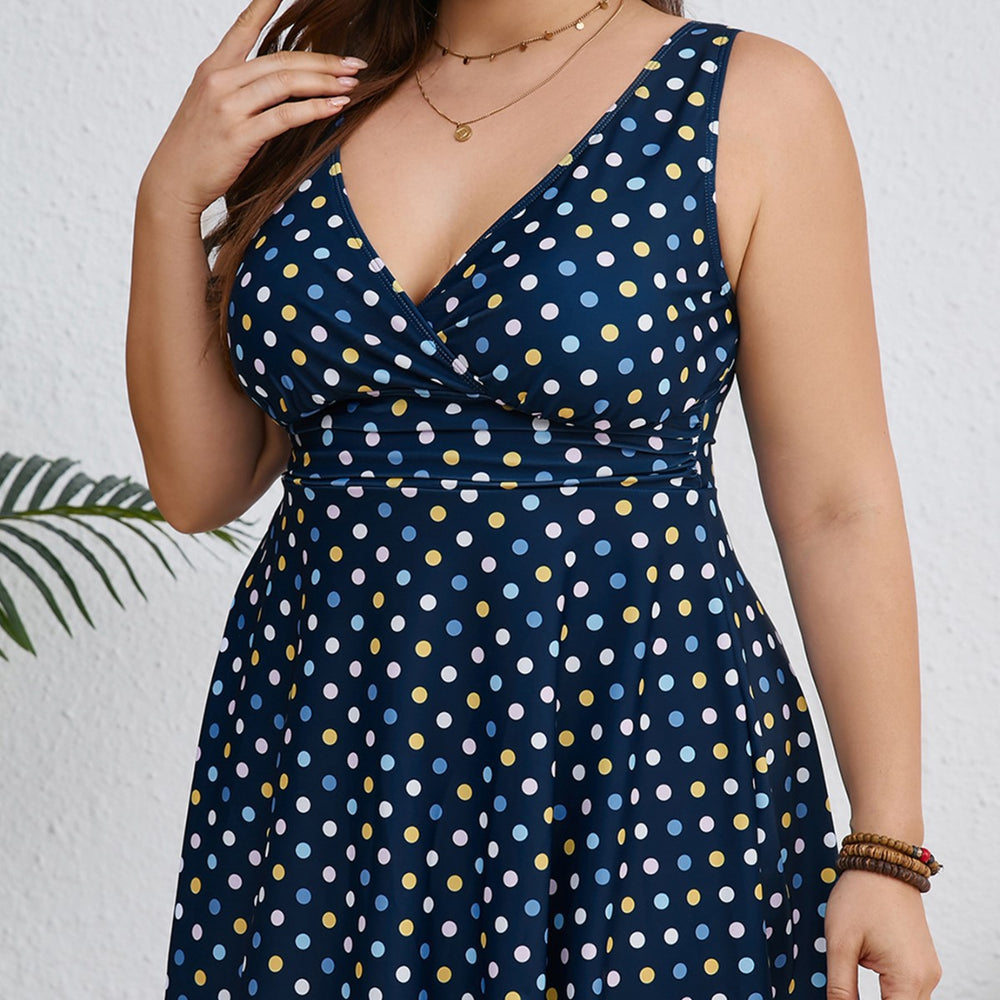 Damen Badesommerkleid mit modischem V-Ausschnitt und gepunktetem Design EB