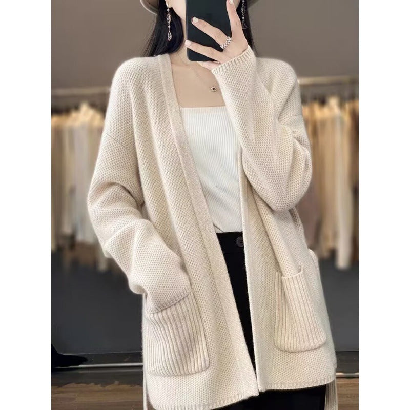 Damen bequeme Strickjacke mit Taillengürtel und Taschen EB