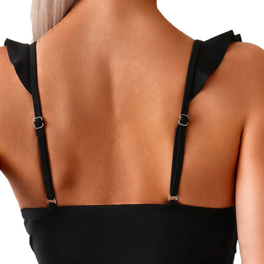 Damen Flowy Badeoberteil mit Rüschen und passendem Rock EB