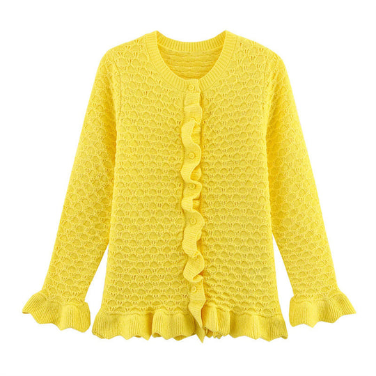 Damen Strickjacke mit Rüschendetails und Knopfleiste EB