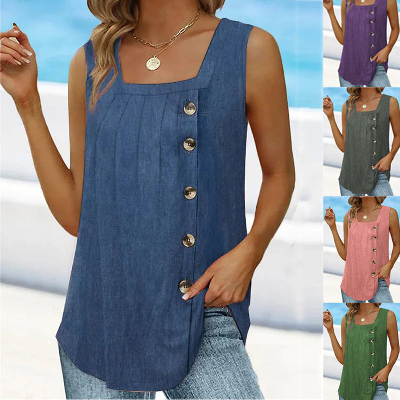 Damen ärmelloses Blusenshirt mit Knopfleiste und sommerlichem Schnitt EB