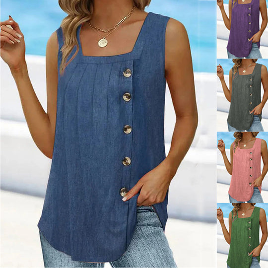 Damen ärmelloses Blusenshirt mit Knopfleiste und sommerlichem Schnitt EB