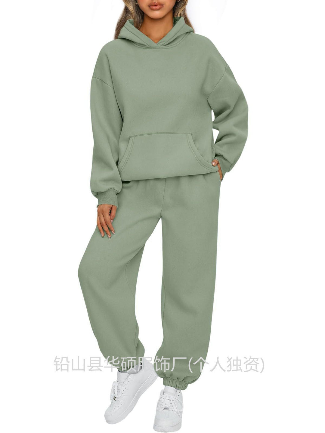 Damen nan gemütliches French-Terry Loungewear-Set mit doppellagiger Kapuze, Kängurutasche und elastischem Knöchel-Jogger EB