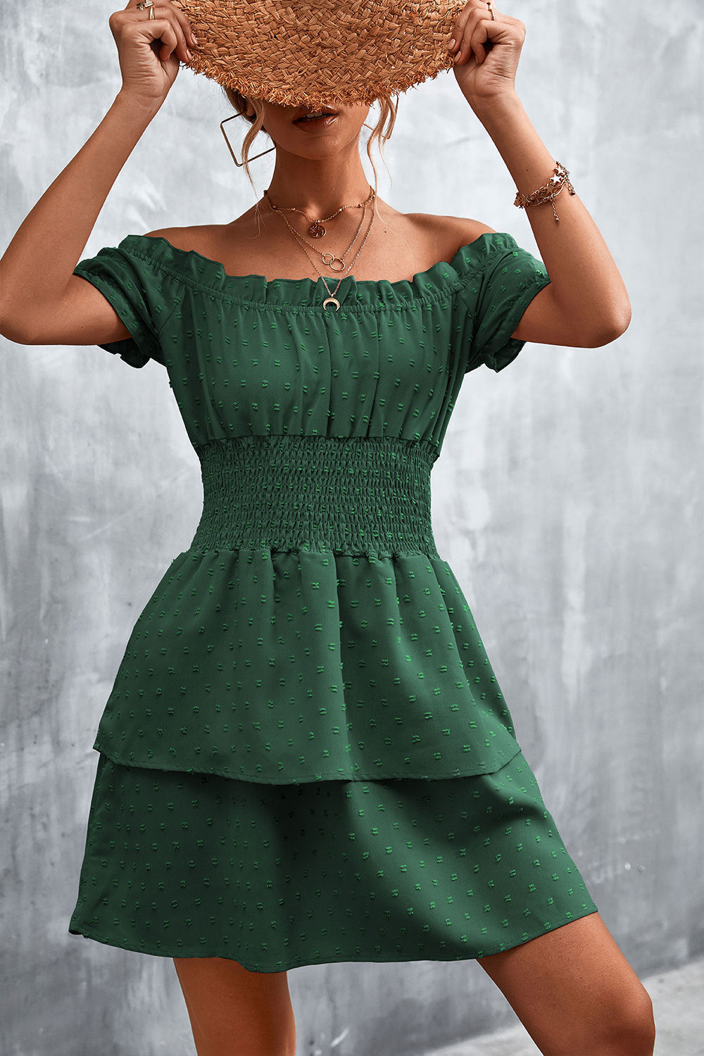 Damen Off-Shoulder Sommerkleid mit rüschenförmigem Saum und elastischem Taillenbund EB