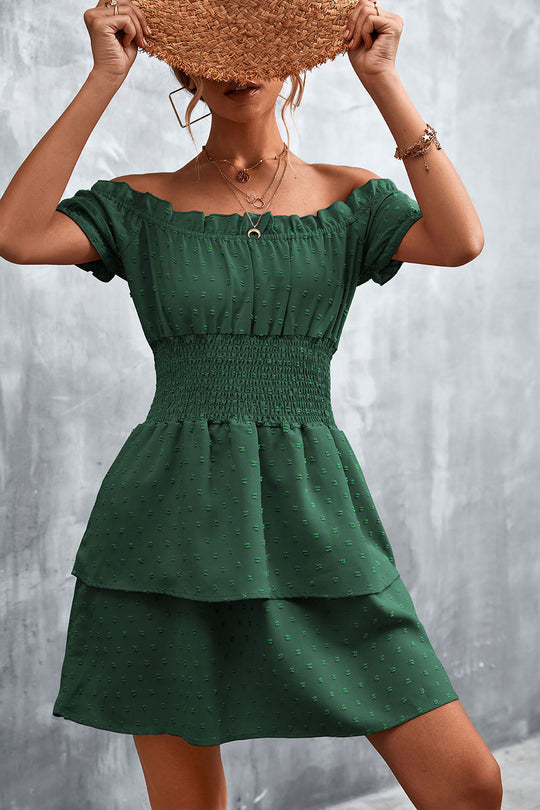 Damen Off-Shoulder Sommerkleid mit rüschenförmigem Saum und elastischem Taillenbund EB