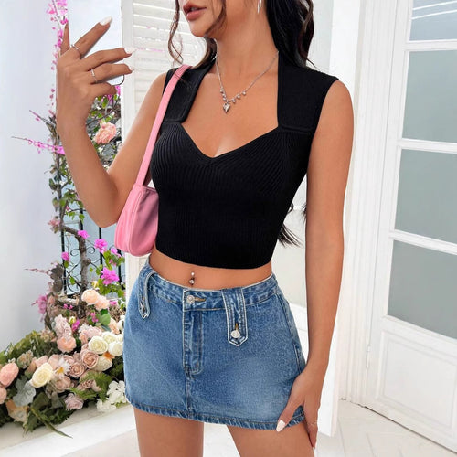 Damen Elegantes Crop-Top mit V-Ausschnitt und feiner Rippenstruktur EB