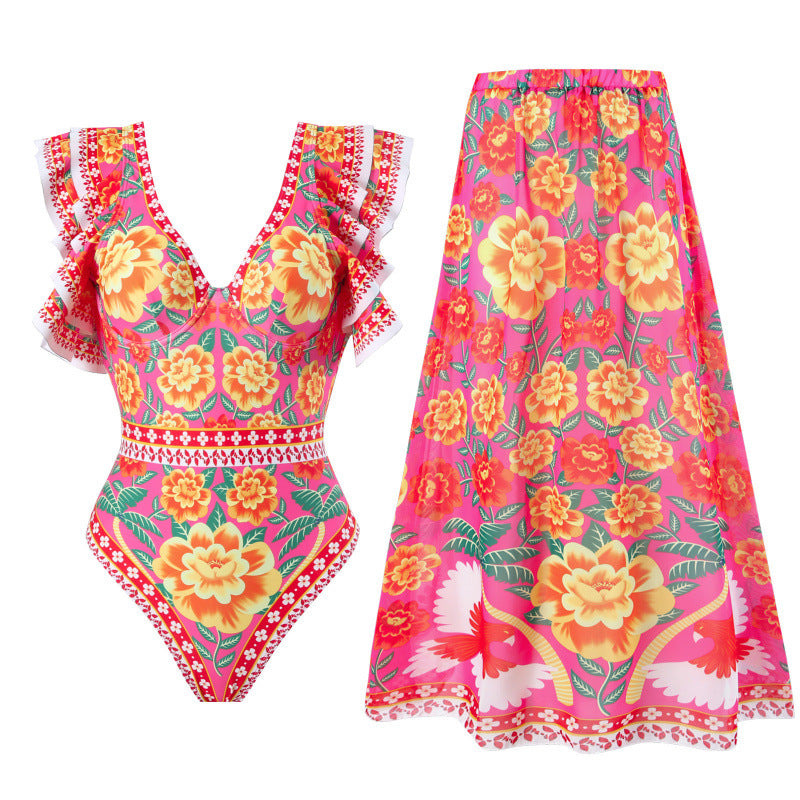 Damen Badeanzug mit Rüschendetails und floralem Überrock EB
