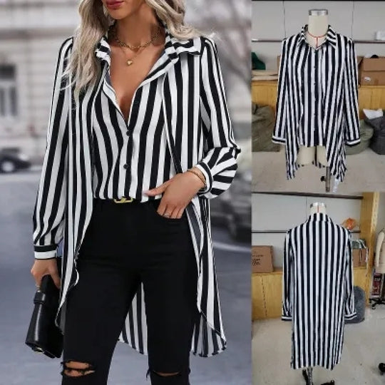 Damen Langarm Hemdbluse im modernen Streifenlook mit asymmetrischem Schnitt EB
