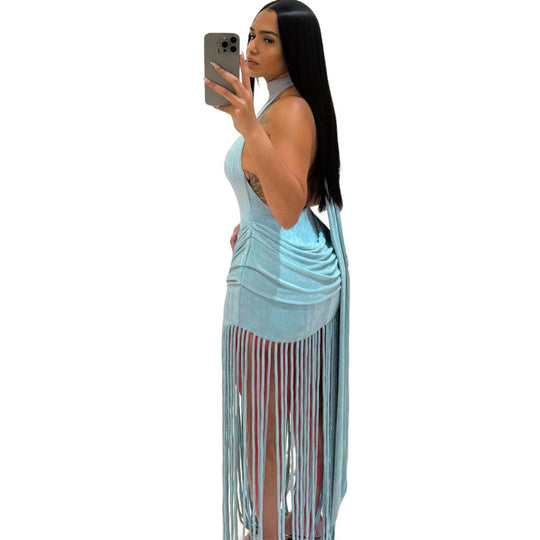 Damen Elegantes Fransen-Bodycon-Kleid mit Stehkragen EB