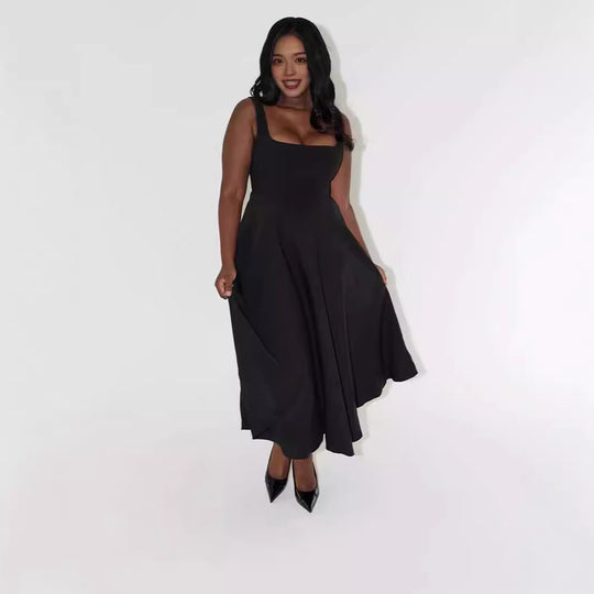 Damen A-Linien Maxikleid mit quadratischem Ausschnitt und fließendem Stoff EB
