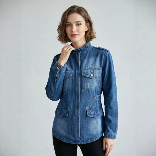 Damen nan taillierte Military-Denimjacke mit Stehkragen, aufgesetzten Pattentaschen und dezenten Used-Details EB