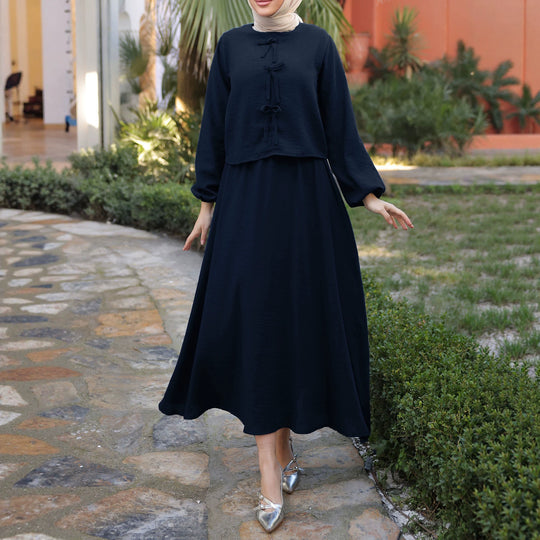 Damen Langes Zweiteiliges Maxikleid mit Überwurf, Rundhals und Zierknoten EB