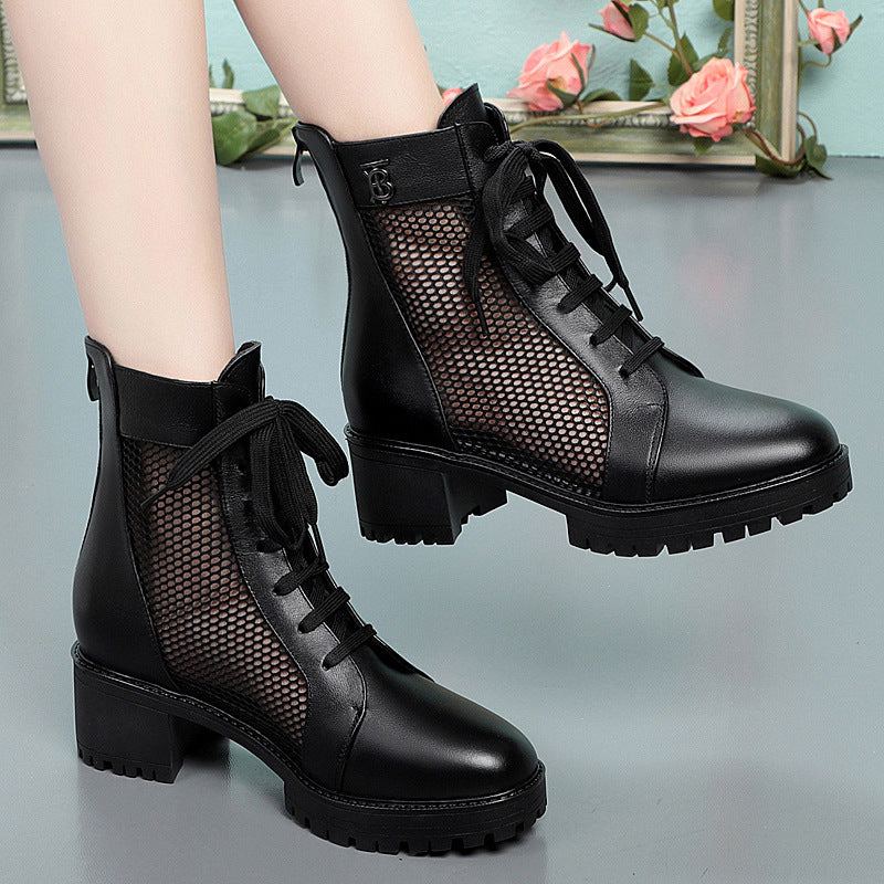 Damen Trendige Schnür-Stiefeletten mit Mesh-Einsatz und robustem Blockabsatz EB
