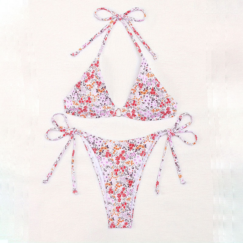 Damen Triangel-Bikini mit floralem Muster und verstellbaren Bindebändern EB