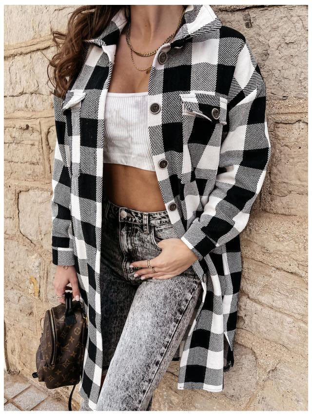 Damen Karierte Overshirtjacke mit Brusttaschen EB