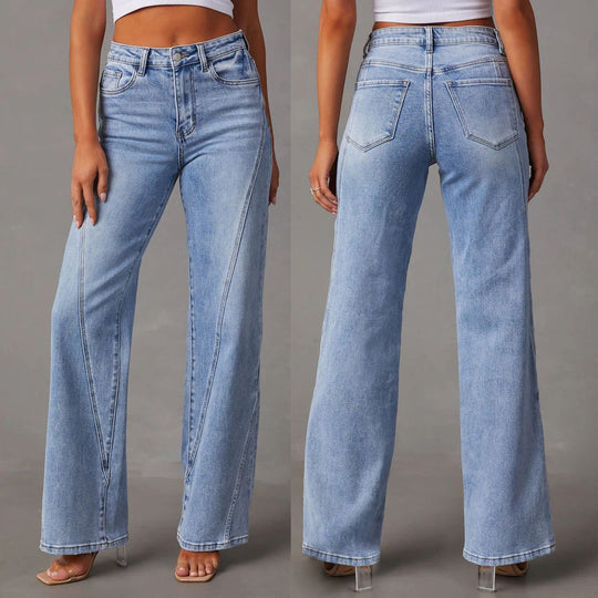 Damen lässige Weitbein-Jeans mit hohem Bund und eleganten Nahtdetails EB
