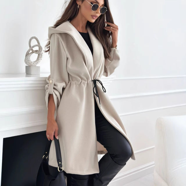 Damen lockerer Kapuzensweatcoat mit verstellbarem Taillenzug und eleganten Details EB
