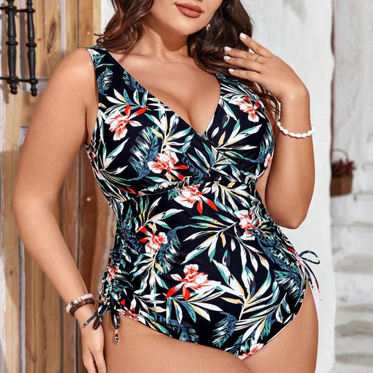 Damen Einteiler Badeanzug mit floralem Wickeldesign und figurformenden Raffungen EB