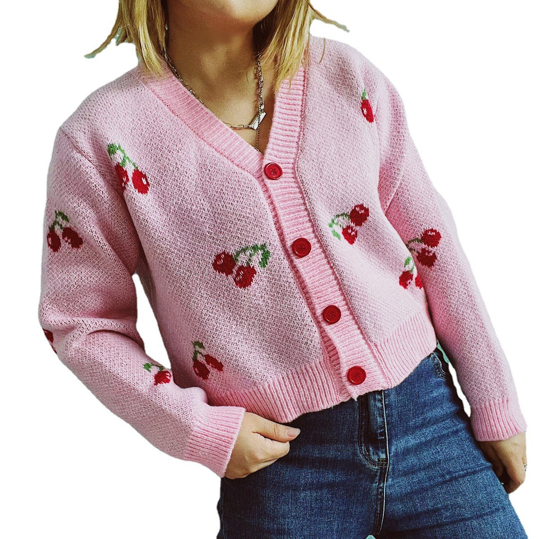 Damen Strickjacke im fröhlichen Kirschmotiv EB