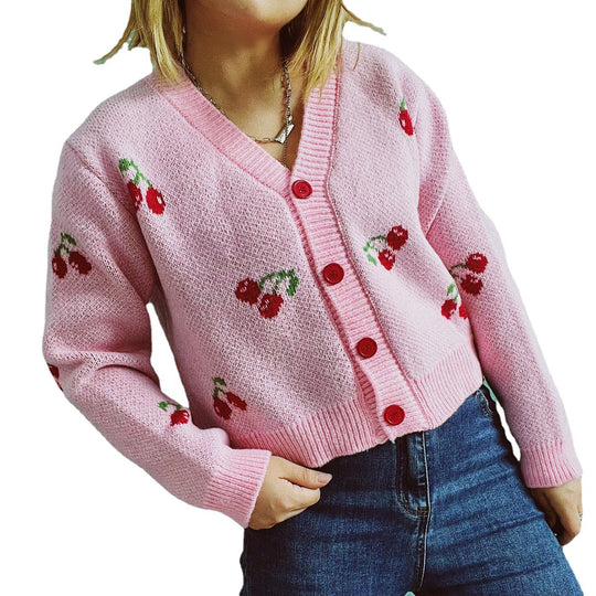 Damen Strickjacke im fröhlichen Kirschmotiv EB