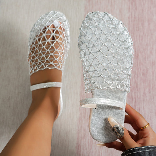 Damen Komfortable Strandpantoletten mit glitzerndem Netzdesign EB