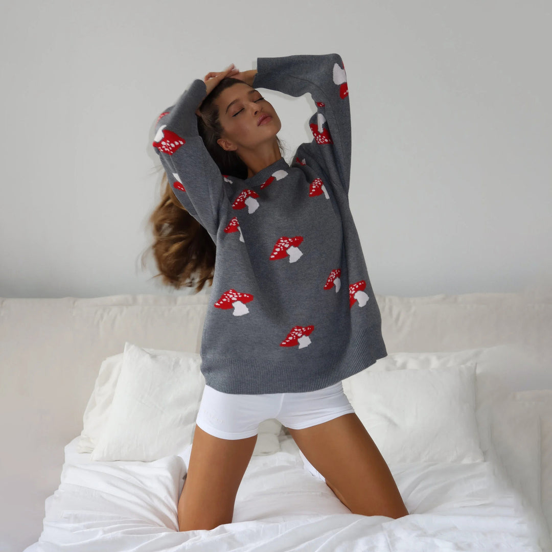 Damen weiter Strickpullover mit Pilzmotiv Rundhals Rippbündchen Eichborn Berlin