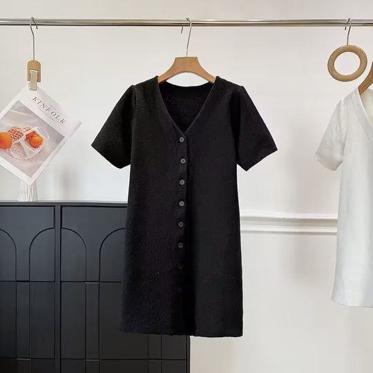 Damen Knopf-Down Kleid mit V-Ausschnitt und kurzen Ärmeln EB