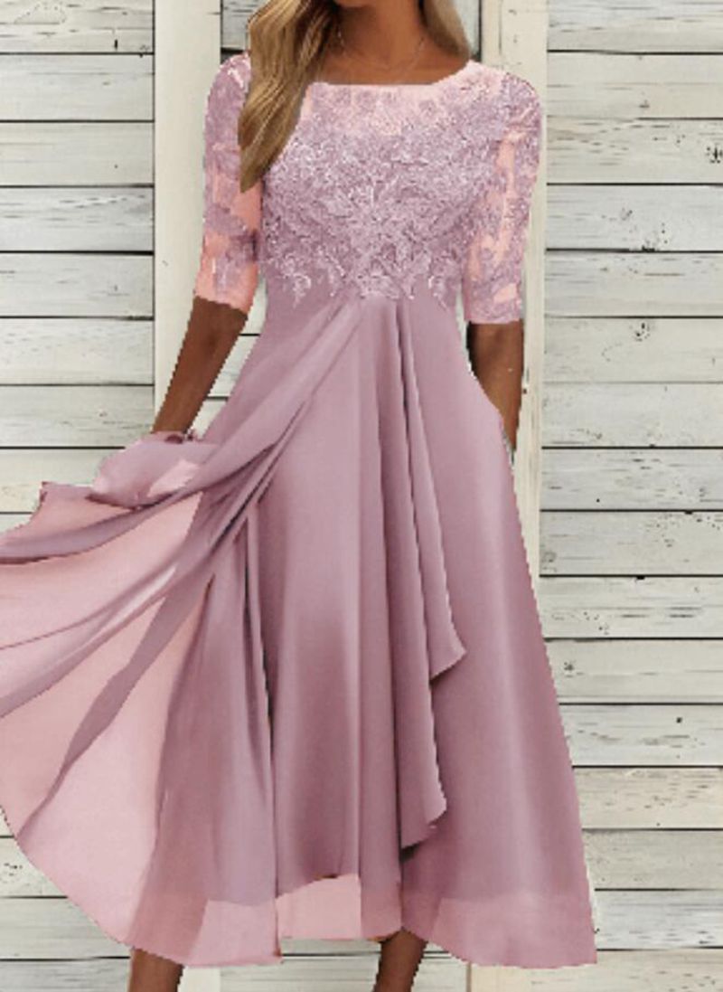 Damen nan V-Ausschnitt Chiffon-Midikleid mit besticktem Bustier, transparenten dreiviertel-Ärmeln und asymmetrischem Lagenrock EB