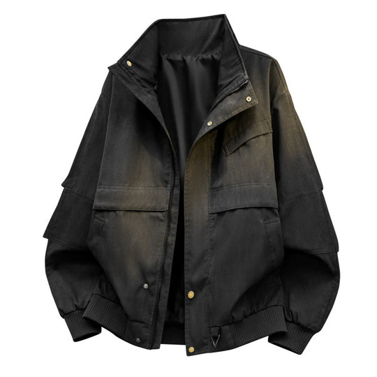 Herren urbaner Canvas-Utility-Blouson mit hohem Kragen, großflächigen Pattentaschen und elastischem Saum EB