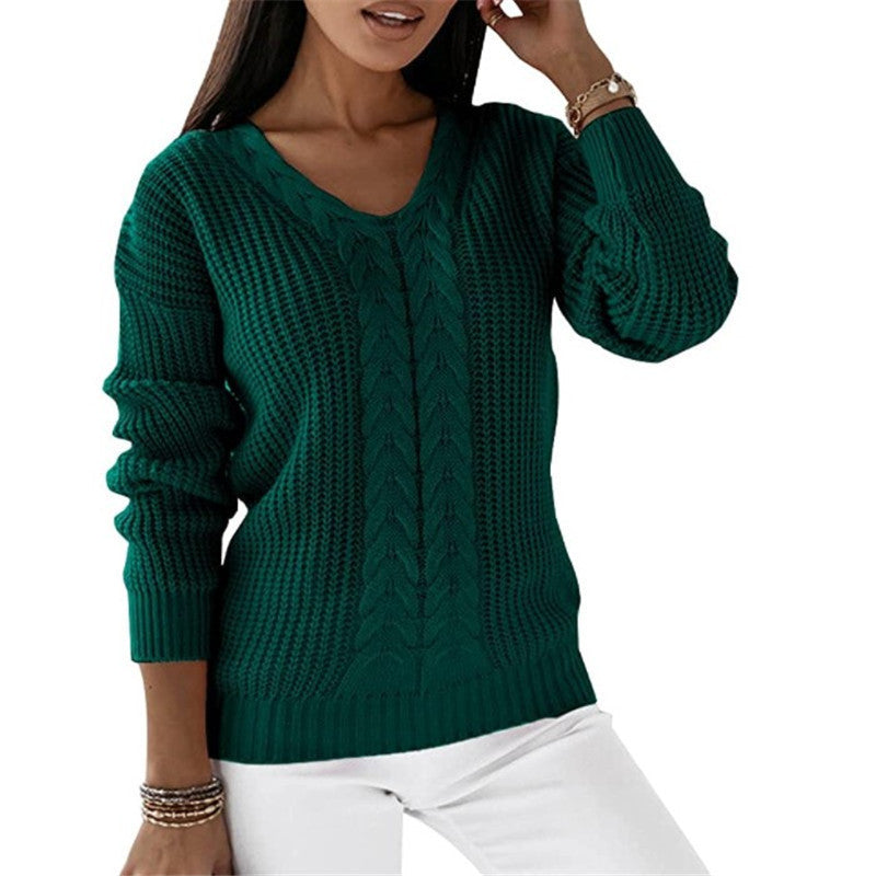 Damen nan grob gestrickter V-Ausschnitt Pullover mit Zopfmuster und lockerer Silhouette EB