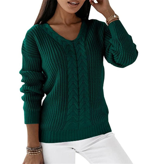 Damen nan grob gestrickter V-Ausschnitt Pullover mit Zopfmuster und lockerer Silhouette EB