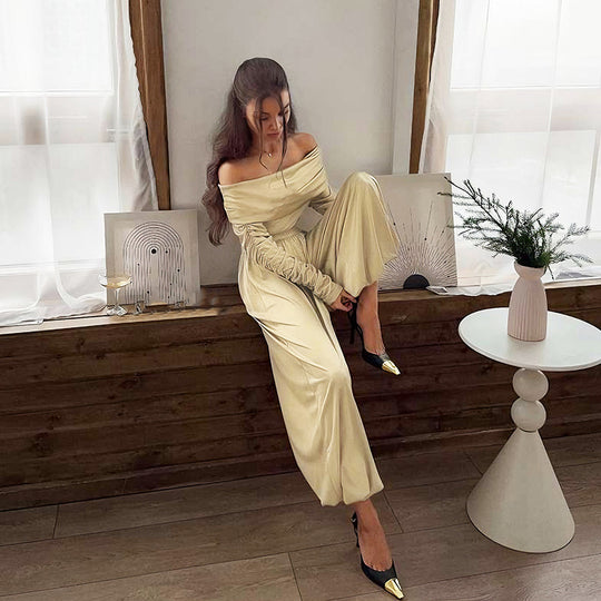 Damen Off-Shoulder Overall mit Raffungen und weitem Bein EB