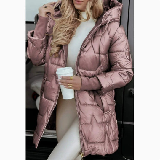 Damen lange, gefütterte Winterjacke mit Kapuze EB