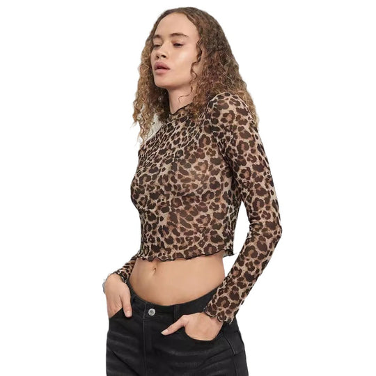 Damen nan figurbetontes bauchfreies Langarmshirt im Animalprint aus feinem Stretchnetz mit Stehkragen und Wellensaum EB