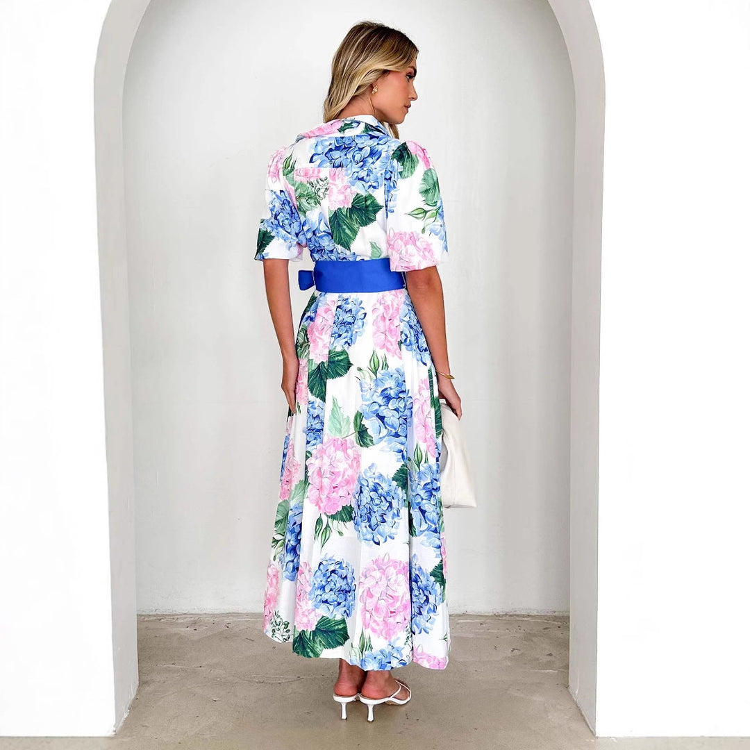 Damen Maxikleid mit botanischem Blütenmuster und tailliertem Bindegürtel EB